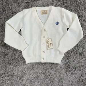 VTG 60s Mustang Boys Cardigan Sweater White‎ Preppy Academia Heritage Monogram